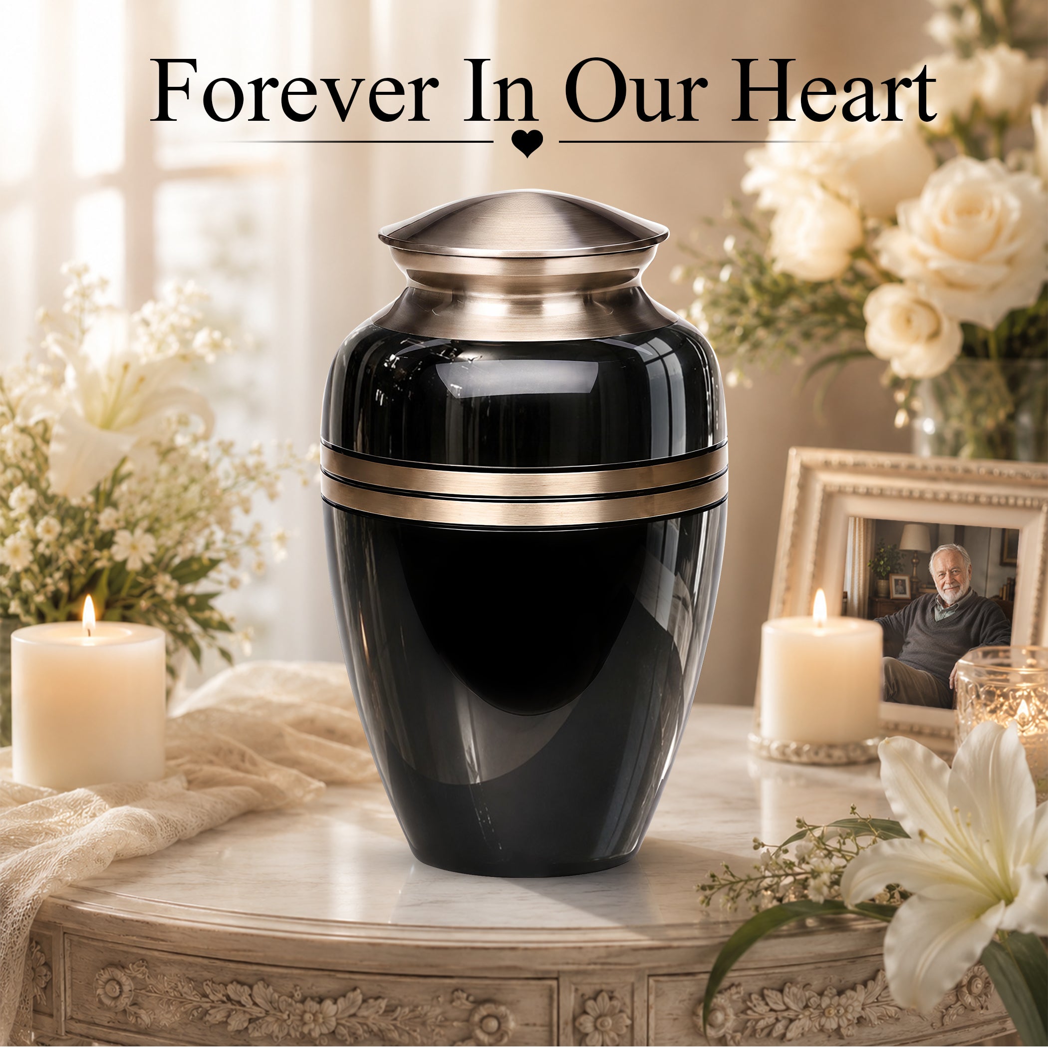 Personalized Black Memorial Urn for Ashes | 10 Inch Aluminum Cremation Urn