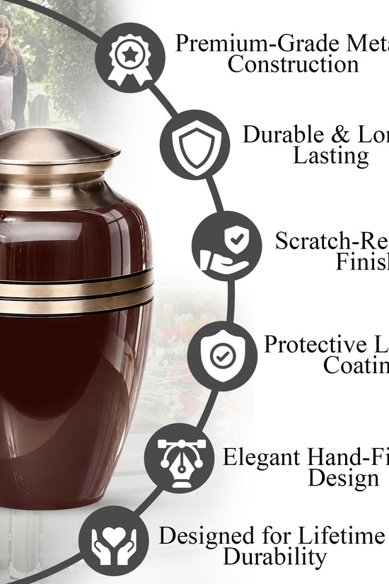 Personalized Rosewood Brown Memorial Urn - 10" Funeral Urn For Human Ashes