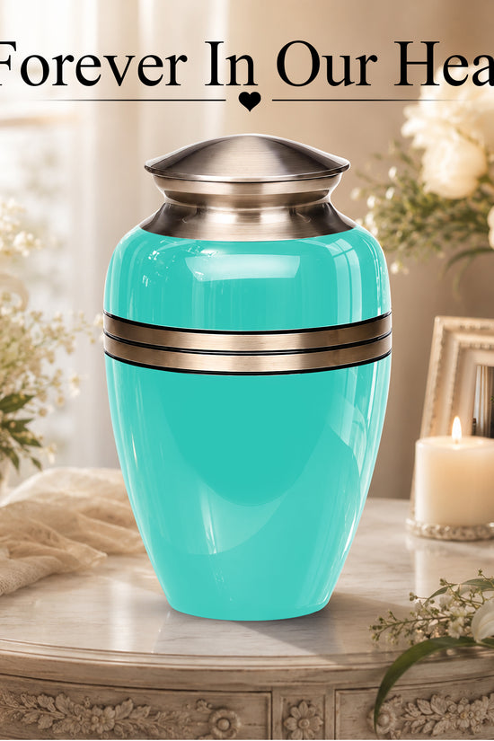 Aqua Blue Memorial Urn for Adult Human Ashes | 10 Inch Aluminum Urn