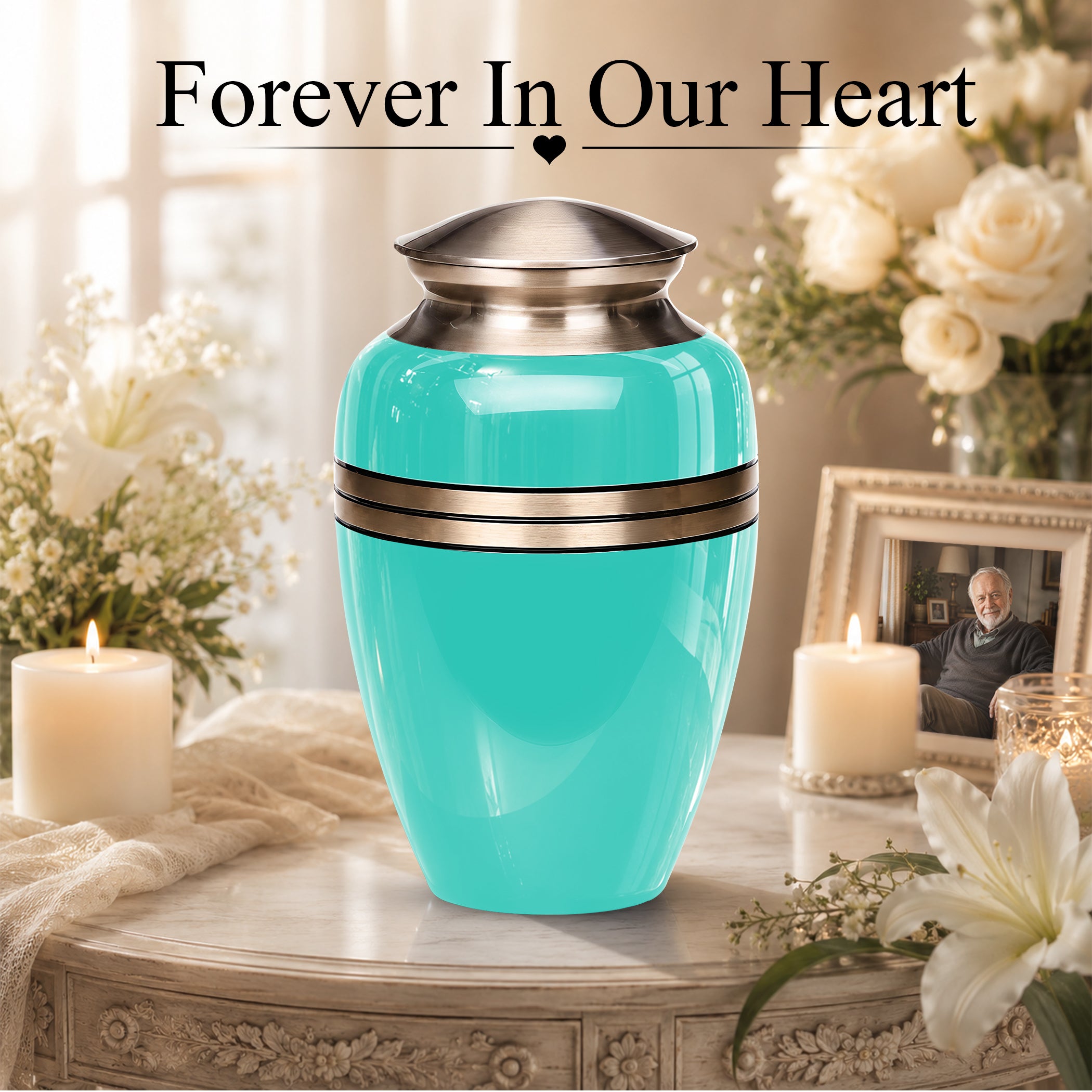 Aqua Blue Memorial Urn for Adult Human Ashes | Custom 10 Inch Aluminum Urn