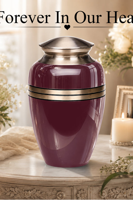 Burgundy Memorial Urn for Ashes | 10 Inch Aluminum Cremation Urn