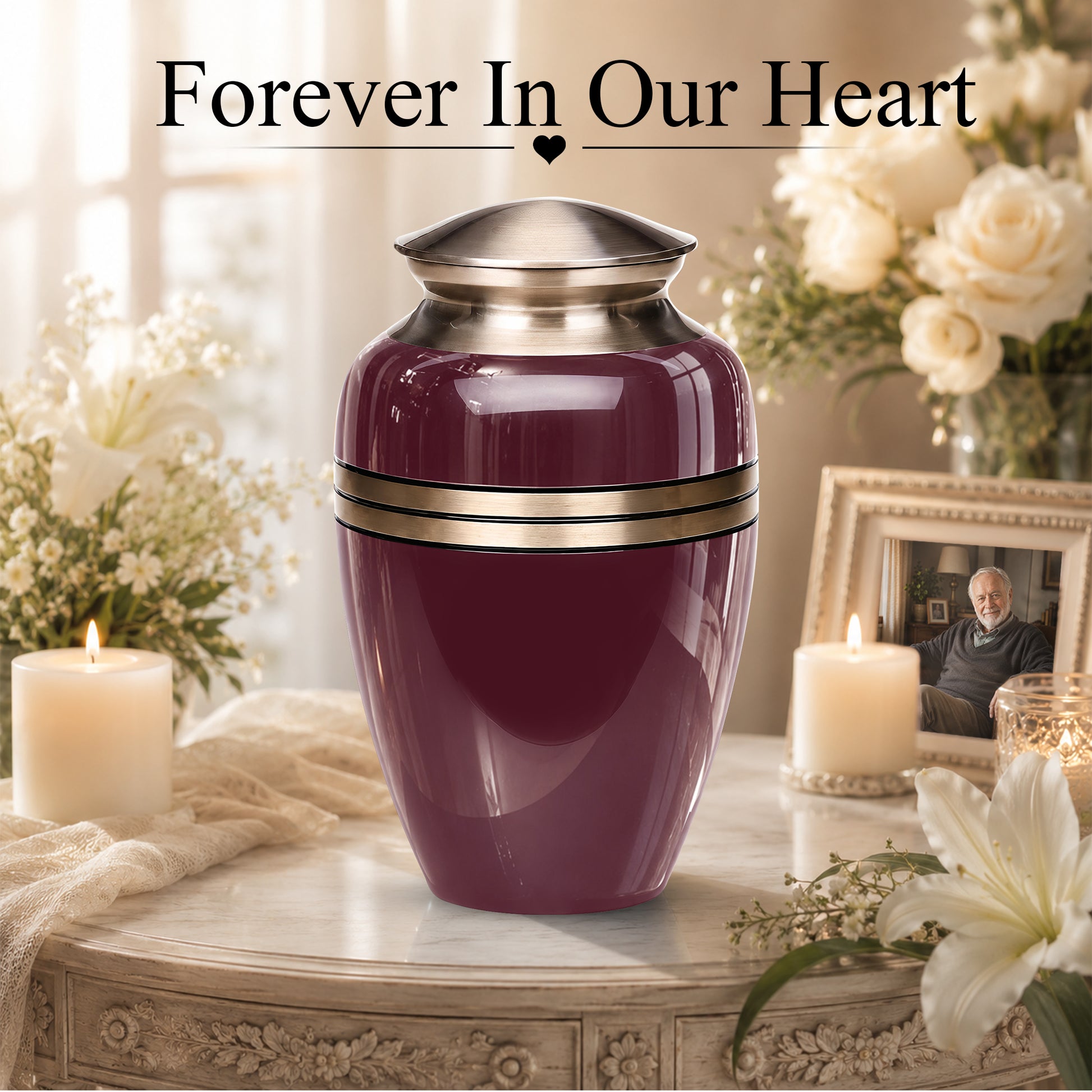 Burgundy Memorial Urn for Ashes | 10 Inch Aluminum Cremation Urn
