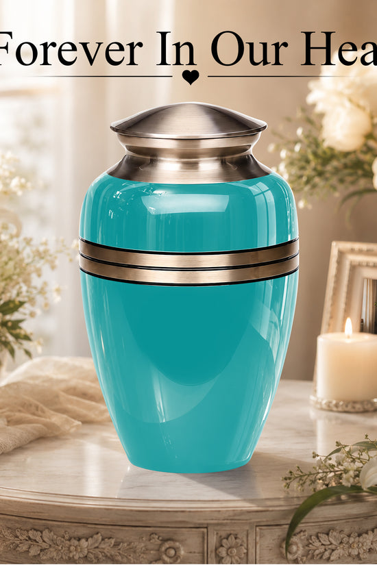 Turquoise Color Funeral Urn for Ashes 10 Inch Aluminum Cremation Urn