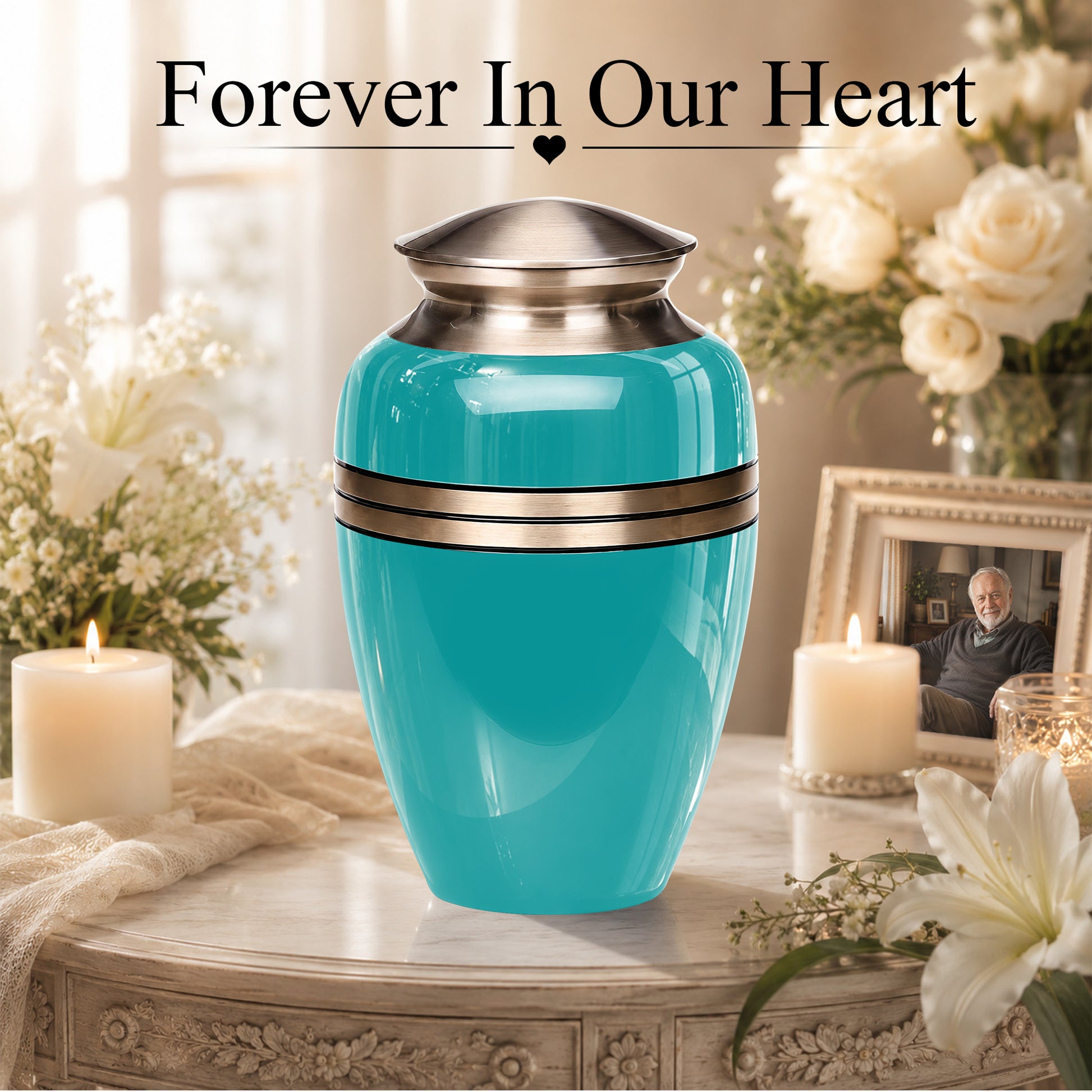 Turquoise Color Funeral Urn for Ashes 10 Inch Aluminum Cremation Urn