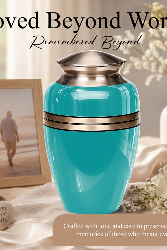Turquoise Color Funeral Urn for Ashes 10 Inch Aluminum Cremation Urn