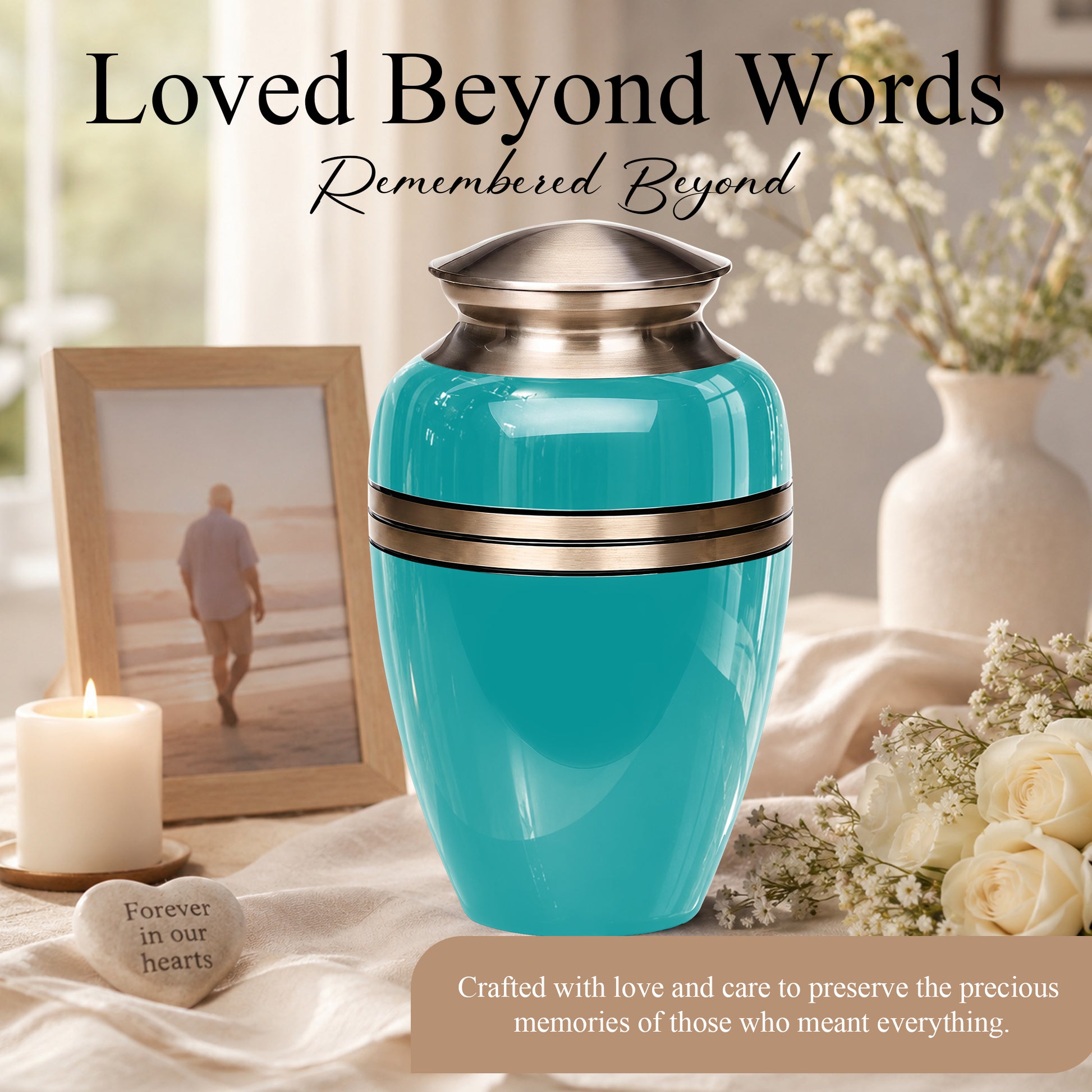Turquoise Color Funeral Urn for Ashes 10 Inch Aluminum Cremation Urn