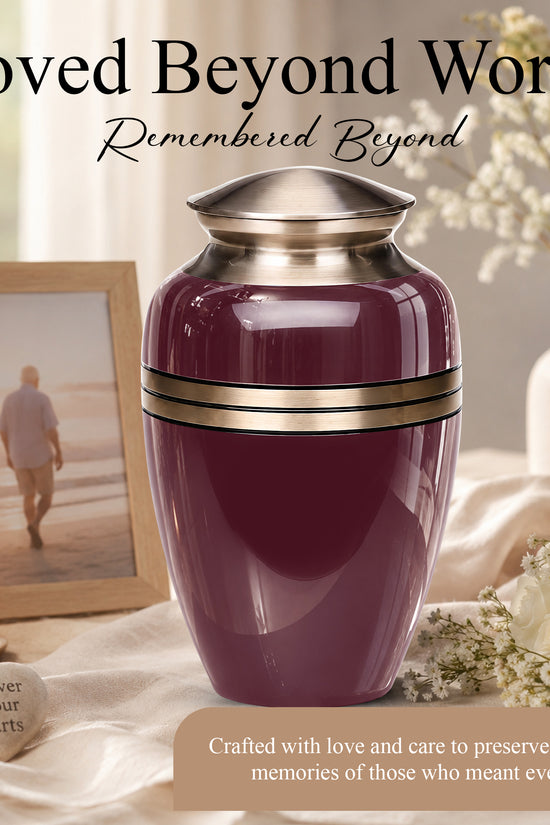 Burgundy Memorial Urn for Ashes | 10 Inch Aluminum Cremation Urn