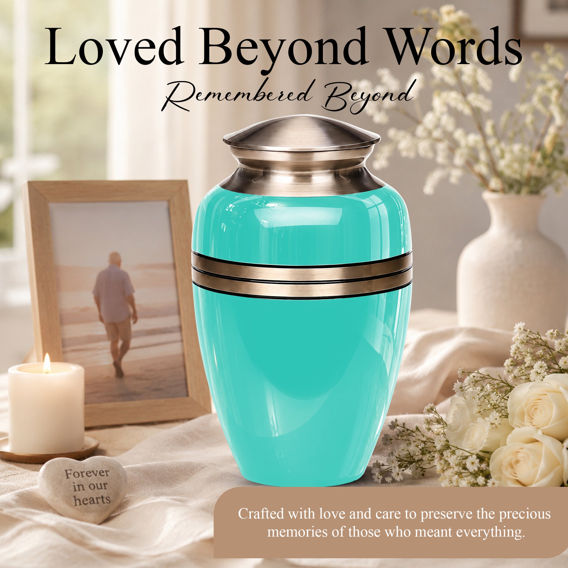 Aqua Blue Memorial Urn for Adult Human Ashes | 10 Inch Aluminum Urn