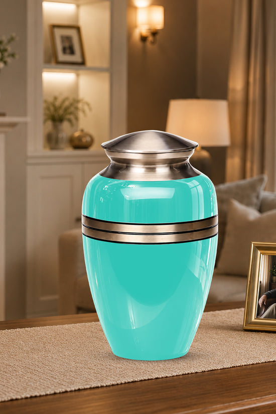 Aqua Blue Memorial Urn for Adult Human Ashes | 10 Inch Aluminum Urn