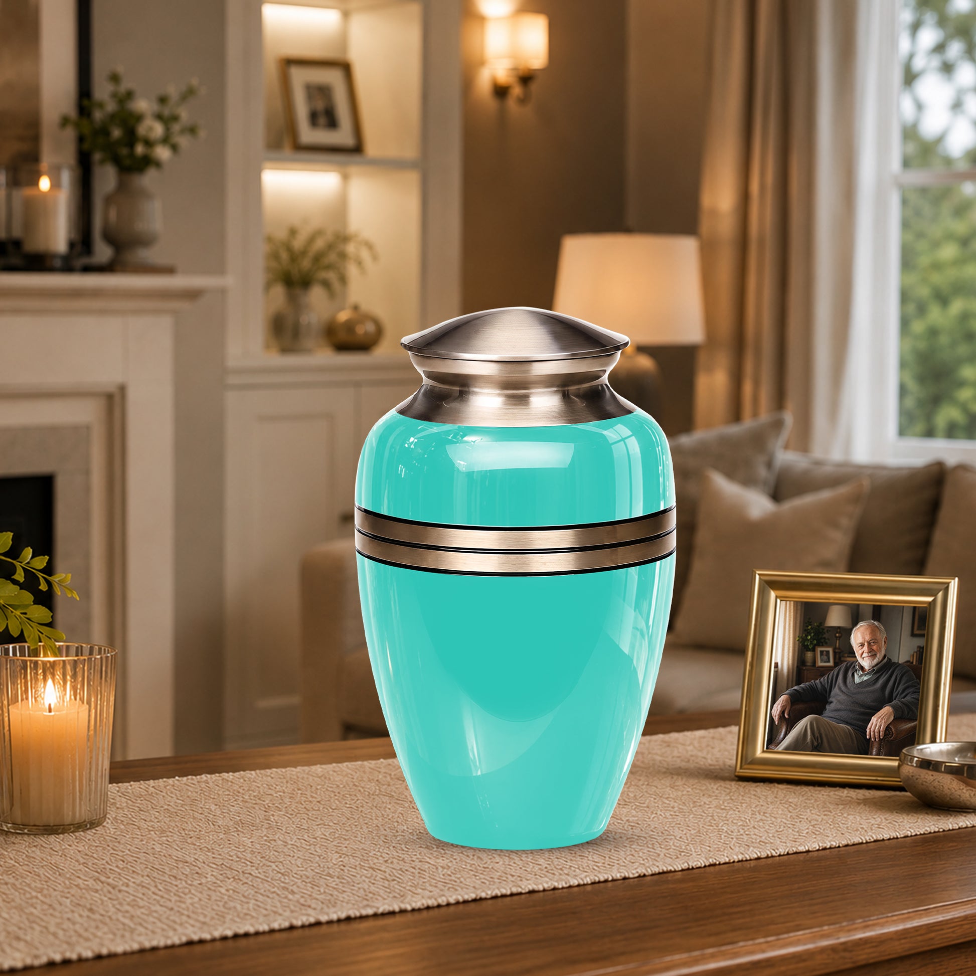 Aqua Blue Memorial Urn for Adult Human Ashes | 10 Inch Aluminum Urn