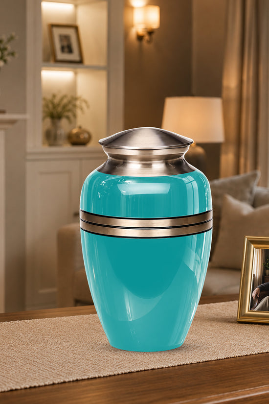 Turquoise Color Funeral Urn for Ashes 10 Inch Aluminum Cremation Urn