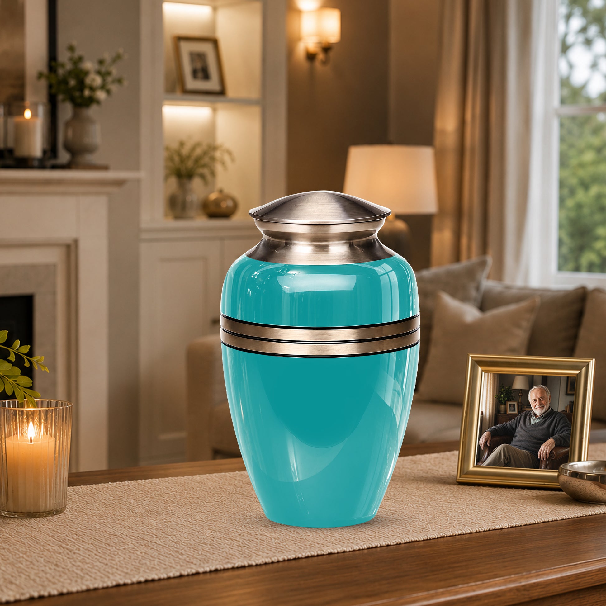 Turquoise Color Funeral Urn for Ashes 10 Inch Aluminum Cremation Urn