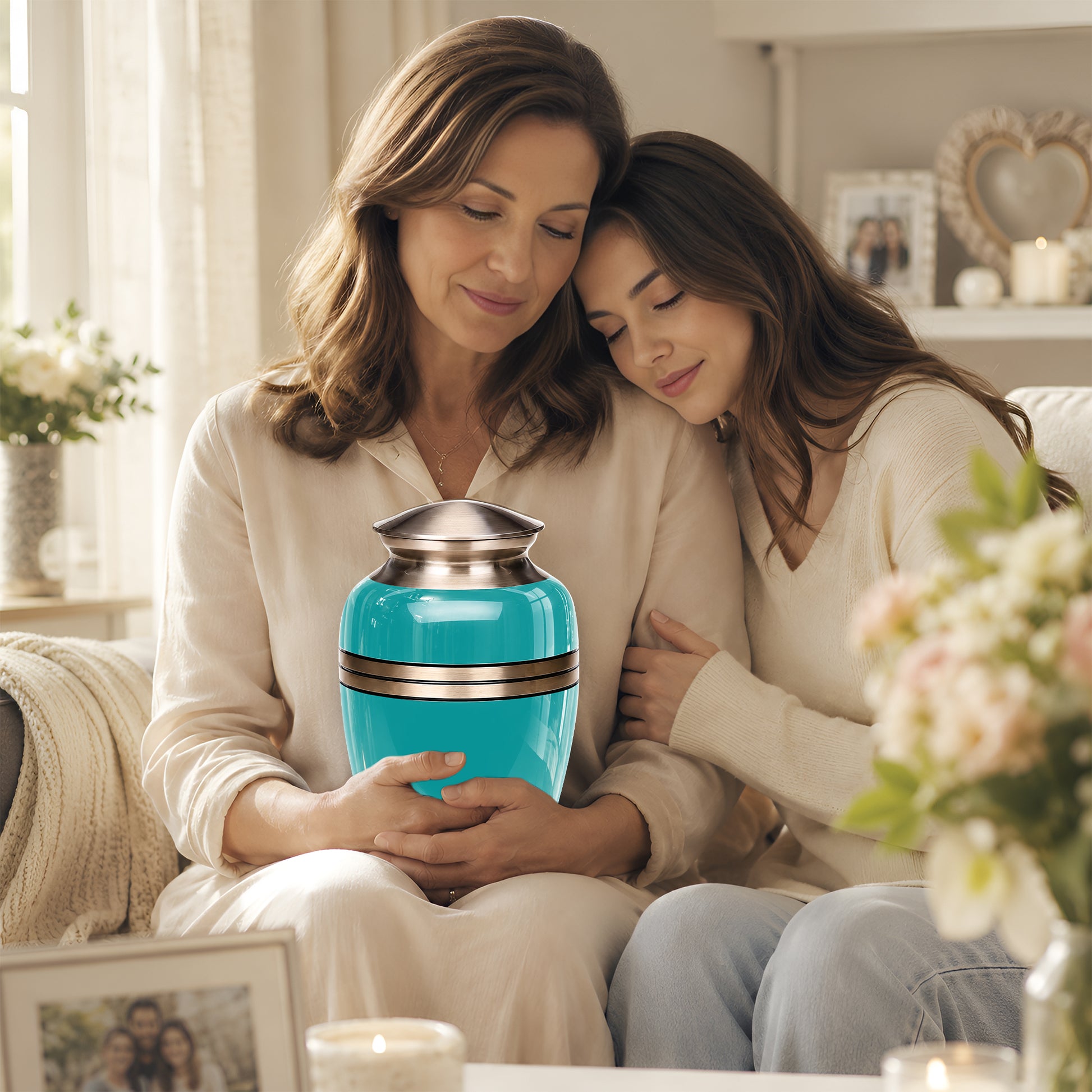 Turquoise Color Funeral Urn for Ashes 10 Inch Aluminum Cremation Urn