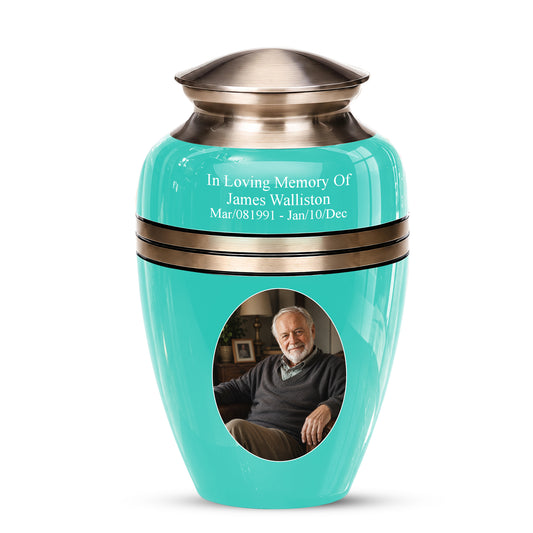 Aqua Blue Memorial Urn for Adult Human Ashes | Custom 10 Inch Aluminum Urn