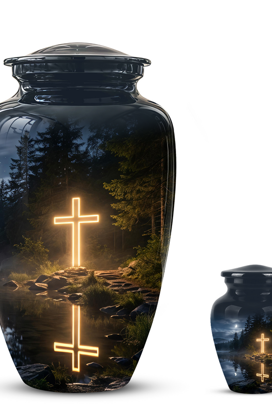 Glowing Cross In Forest - A Peaceful Tribute For Spiritual Human Ashes