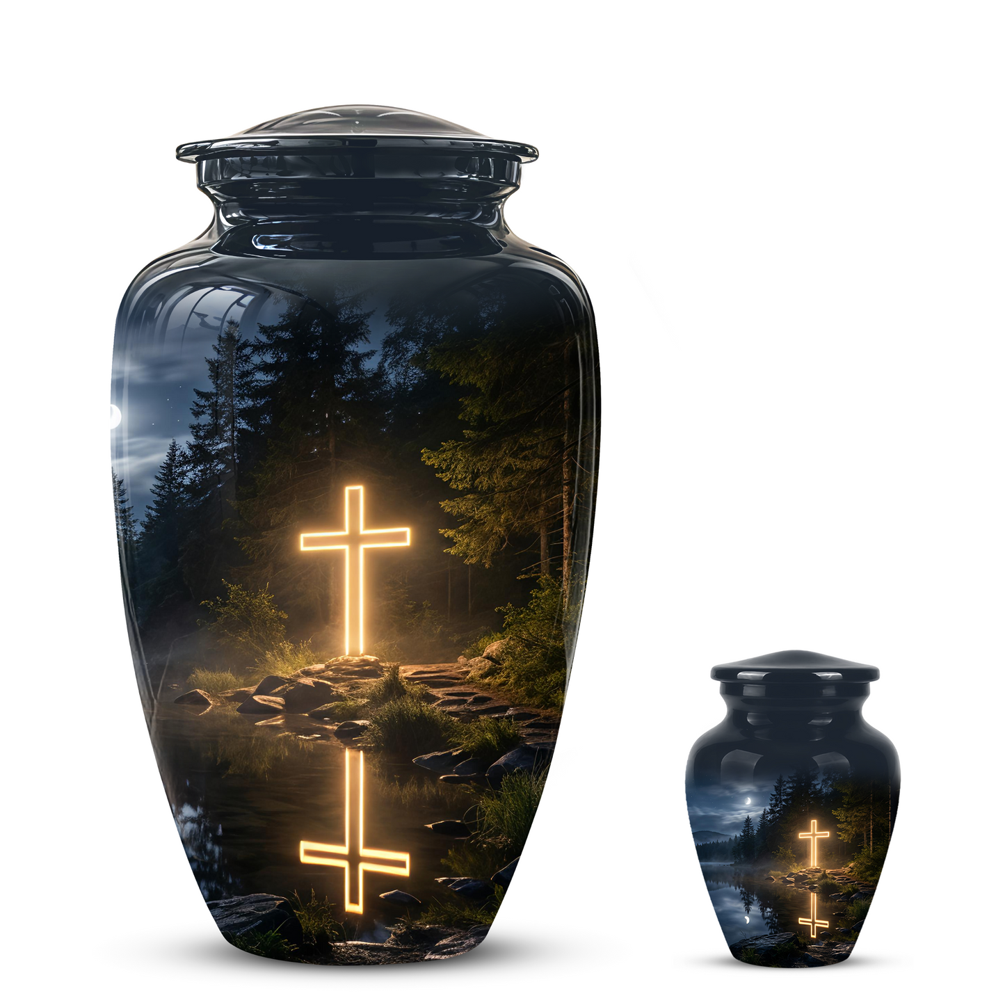 Glowing Cross In Forest - A Peaceful Tribute For Spiritual Human Ashes