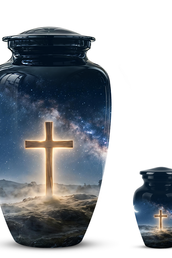 Jesus Cross In Night Sky Urn - Artistic Funeral Memorial Urns For Human Ashes