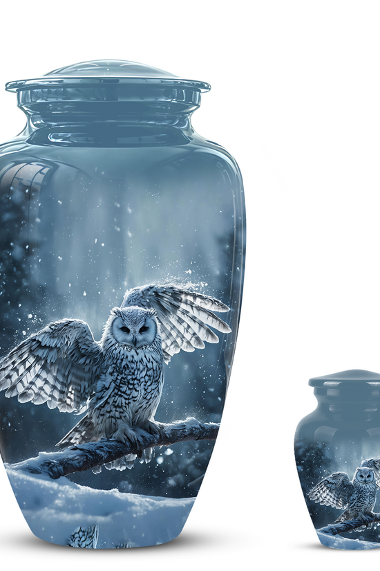 Snowy Owl Cremation Urn - Blue Funeral Urns For Human Ashes