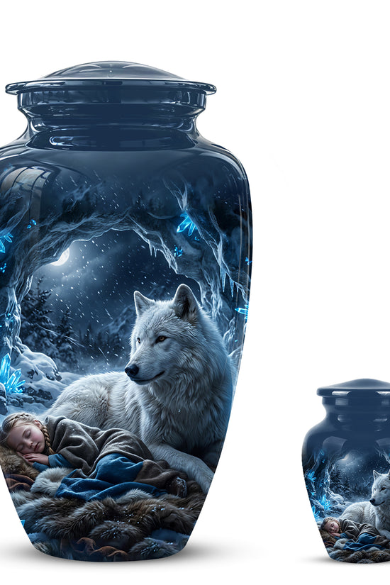 White Wolf With Girl Urn - Custom Memorial Urns For Men & Women Ashes