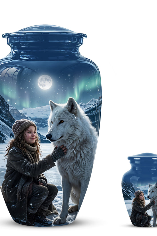 Snowy Moonlit White Wolf Urn for Ashes | Custom Memorial Urn