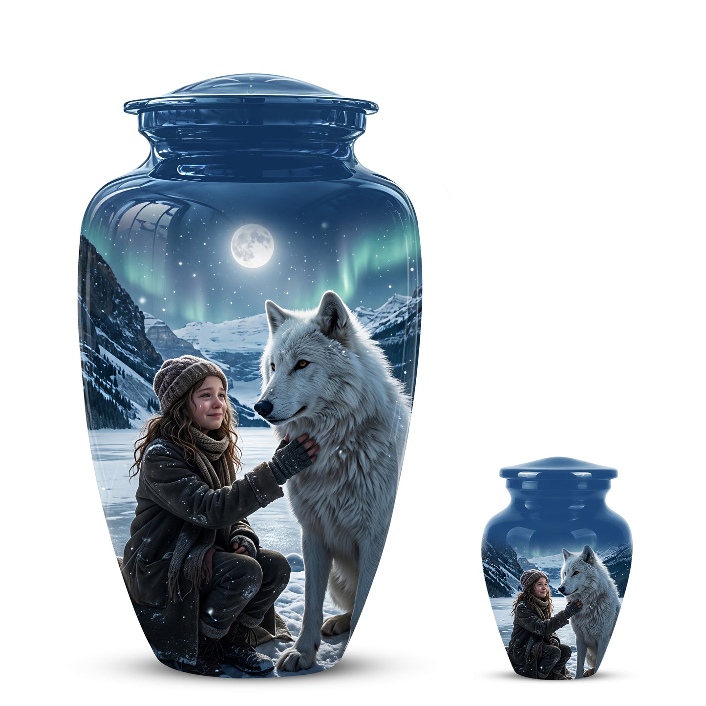 Snowy Moonlit White Wolf Urn for Ashes | Custom Memorial Urn