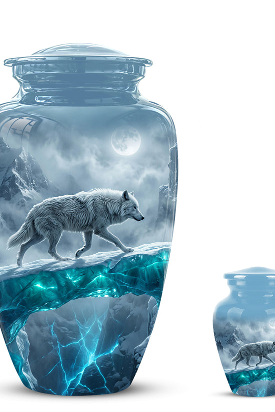 White Wolf In Snow Themed Urn - Classic Custom Urns For Human Ashes