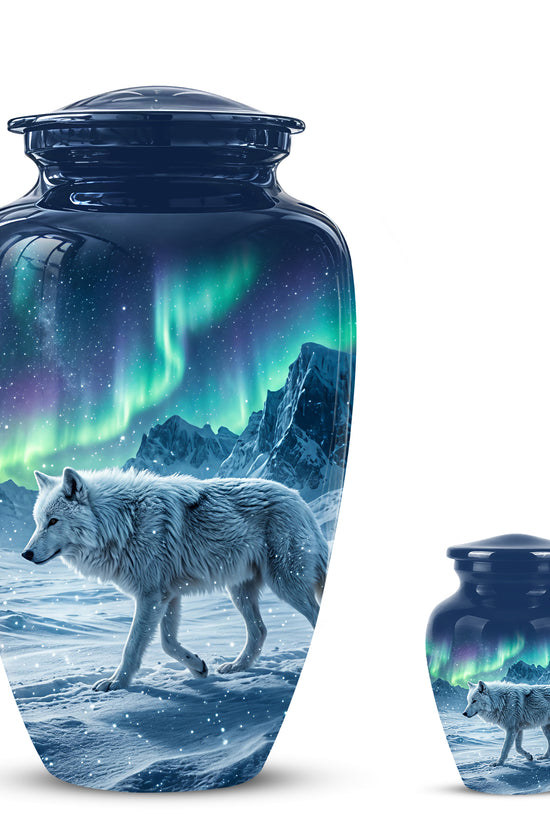Snowy Wolf Cremation Urn - Northern Light Memorial Urn For Human Ashes