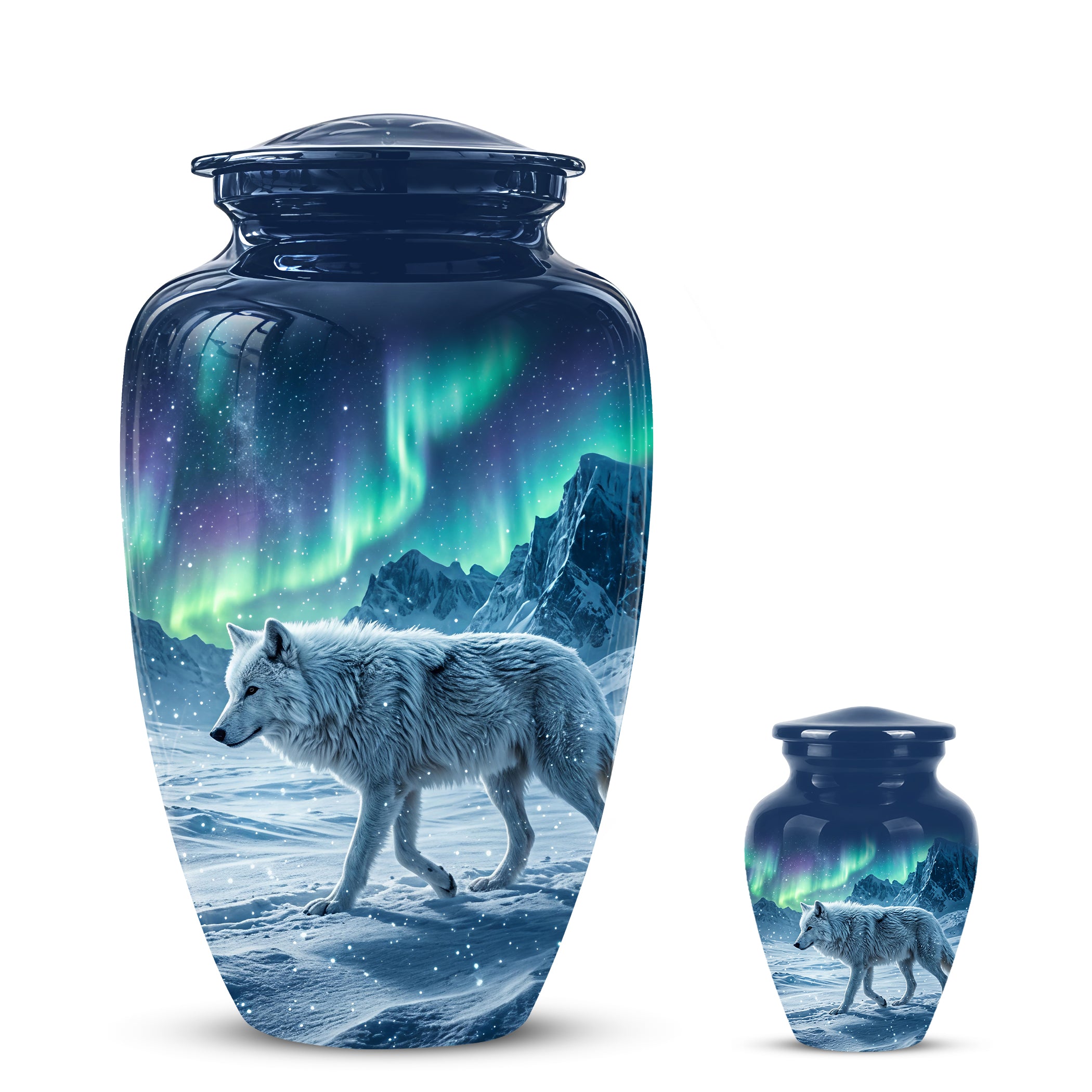 Snowy Wolf Cremation Urn - Northern Light Memorial Urn For Human Ashes