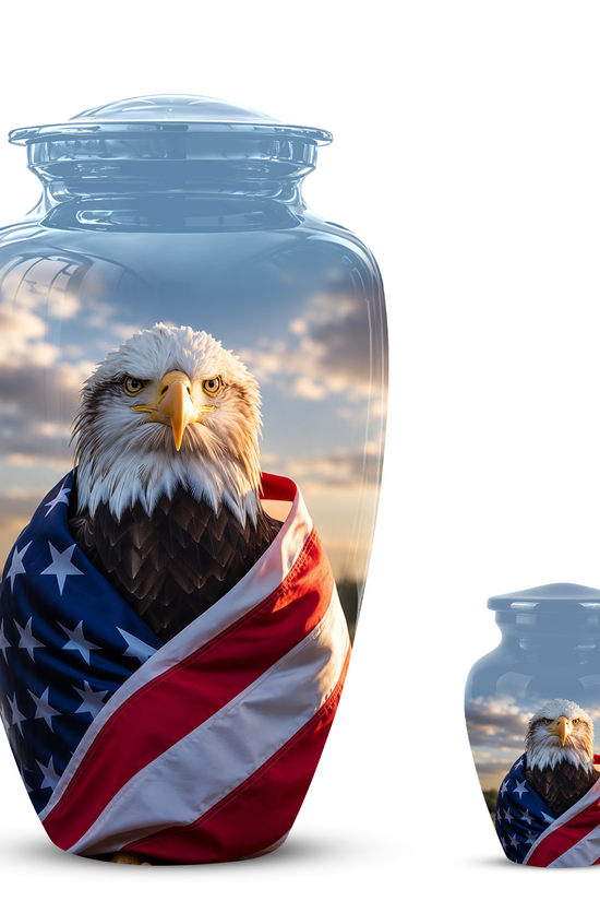 Bald Eagle Draped in American Flag - Patriotic Burial Urns For Human Ashes